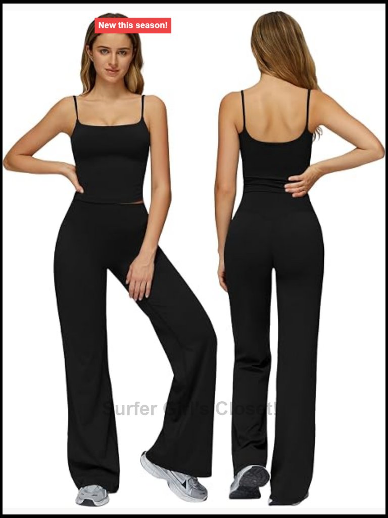2 Piece Square Neck Tank Top And Flare Leggings Active Outfits Set